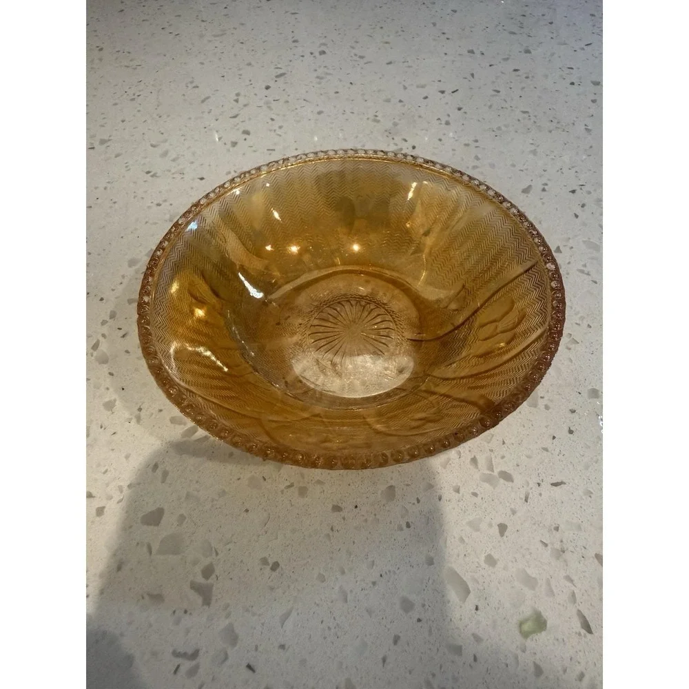 Jeannette Iris Herringbone Iridescent Peach Bowl Depression Carnival Glass